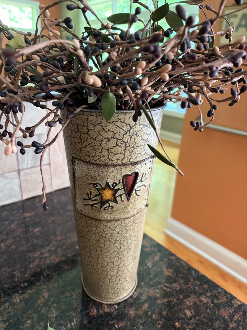 Primitive, Crackle Finish Wall Pocket Planter Bucket, Trapezoid Heart & Star